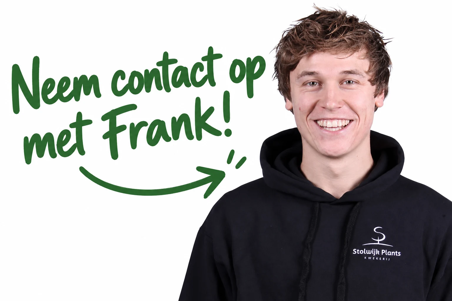 Neem contact op met Frank: zijn portret met een getekende groene pijl